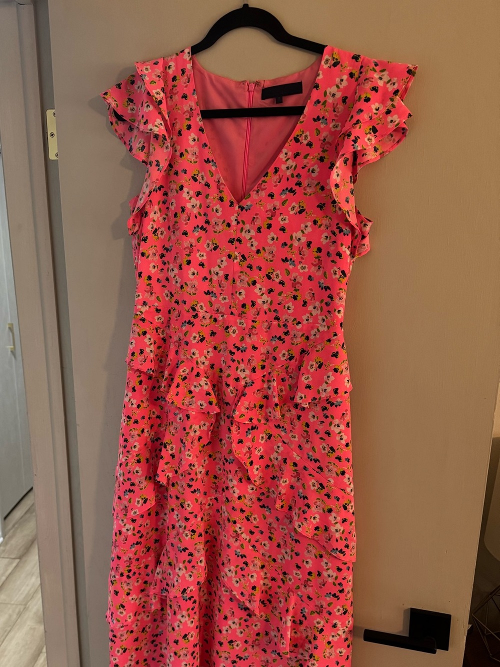 Bright Pink Floral Ruffle V-Neck Dress